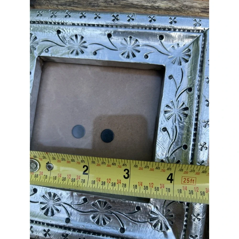 Leo Arts India 8x8 Mango Wood 4x4 Picture Frame Silver Embossed Rustic Boho